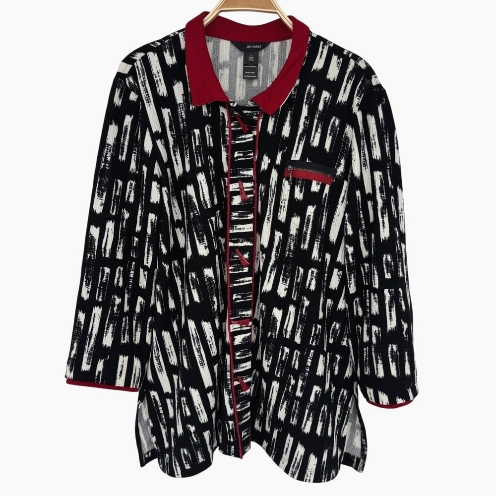 Ali Miles Abstract Print Button Up Shirt Jacket Large Black Red Artsy Lagenlook